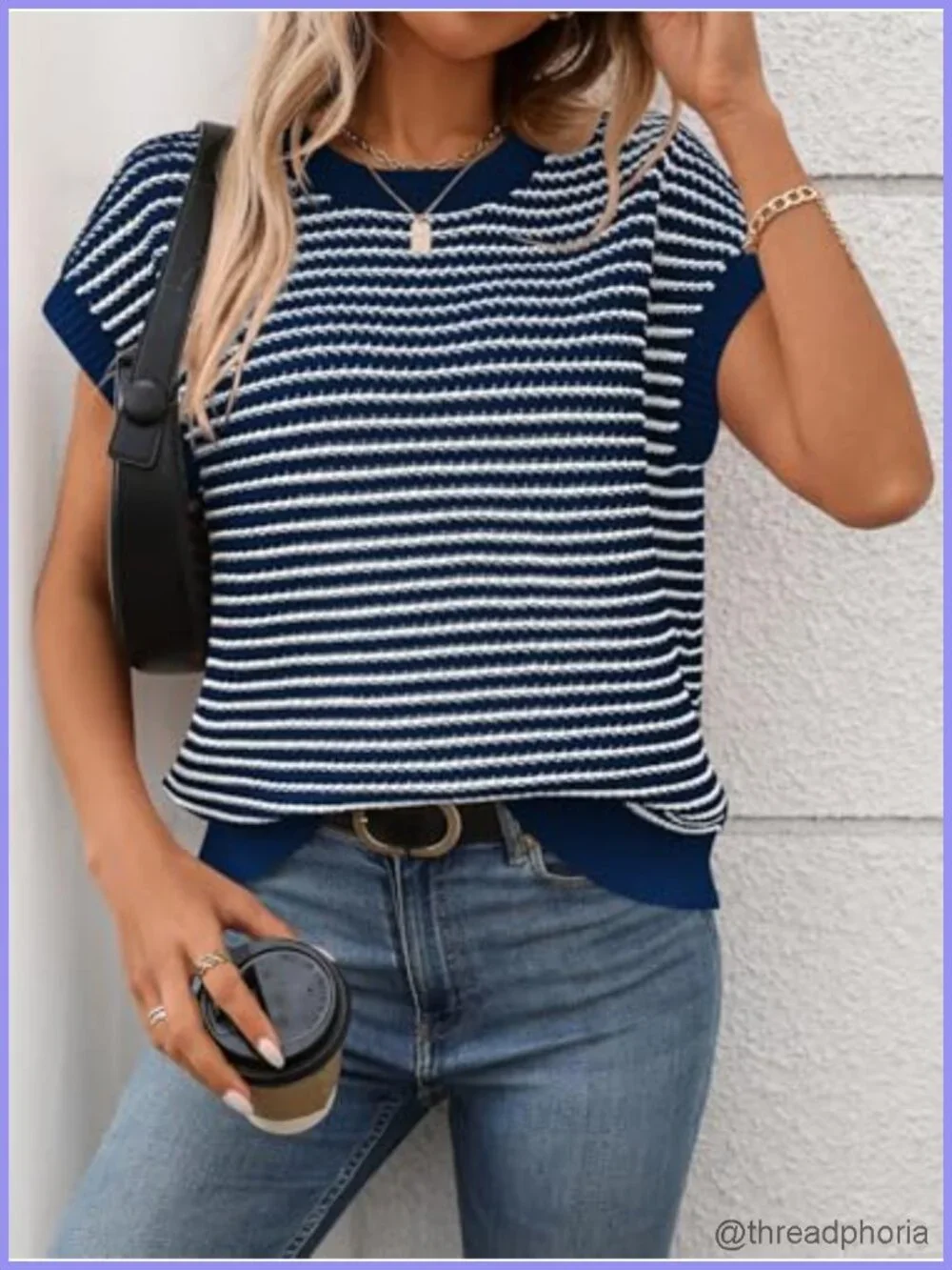Women's Striped Short Sleeve Knit Pullover Sweater Crewneck Summer Top